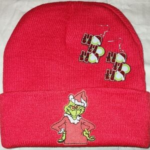 Grinch Beanie with Earrings